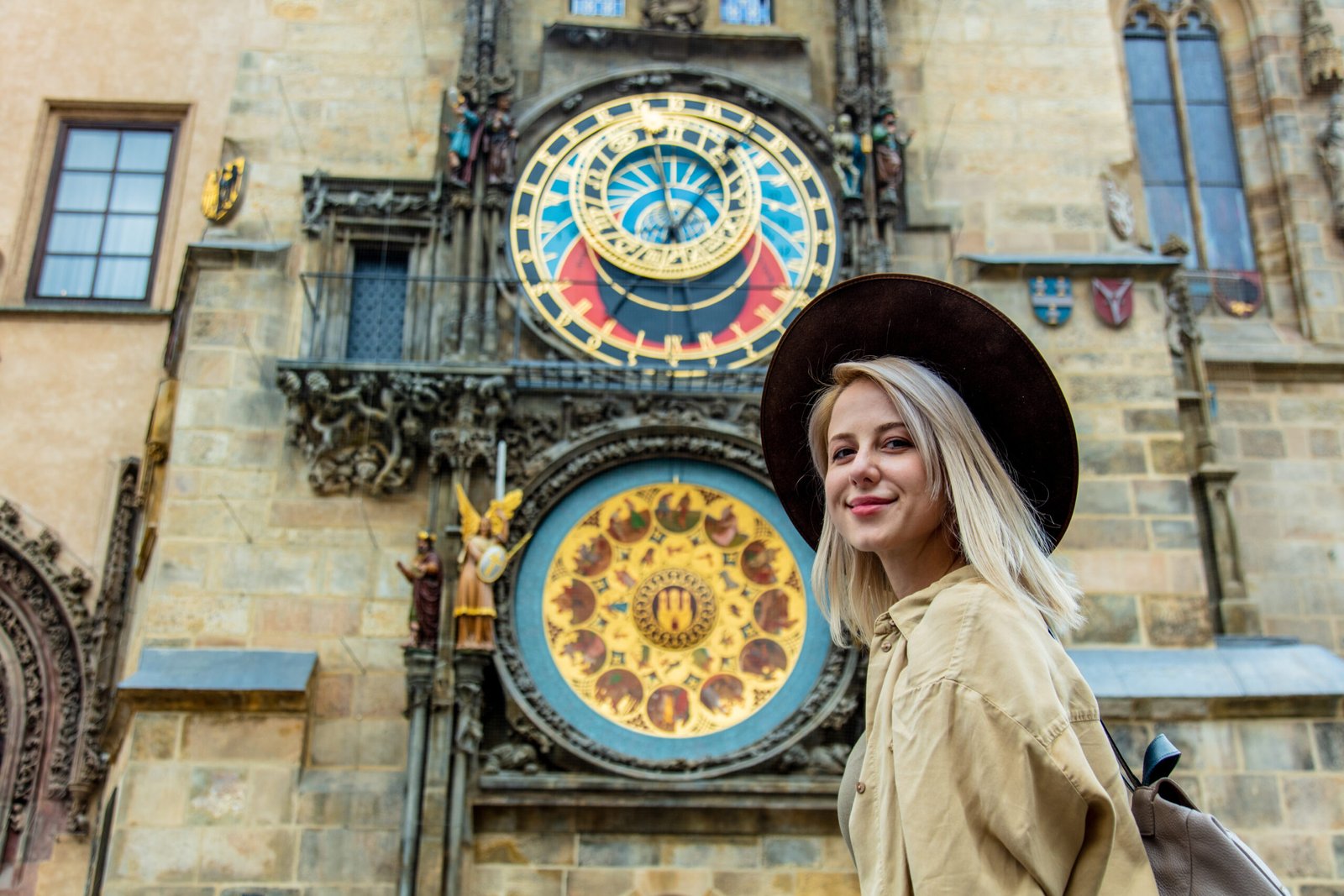 girl at astronomical clock in prague